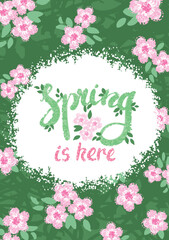 Hand Drawn Lettering - Spring is Here on Floral Background with Colorful Textured Illustration of Small Pink Flowers