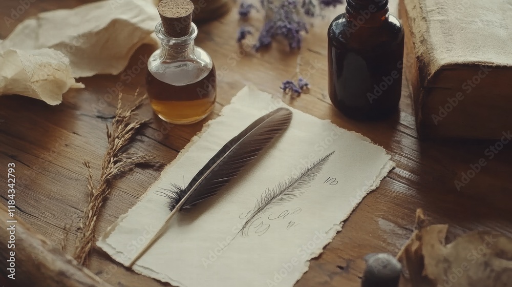 Poster Crafting elegant calligraphy with feather quill and ink on parchment in a rustic setting. Generative AI