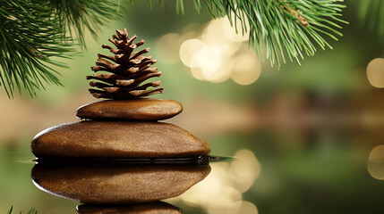 Obraz premium Zen stones with pinecone in nature light. Great for wellness spa and holiday relaxation concepts.