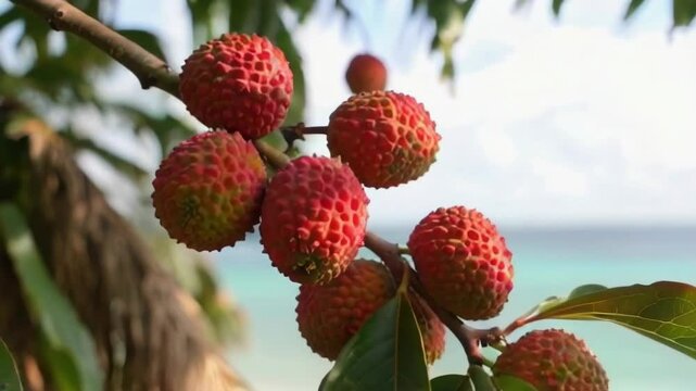 A bunch of red limes hanging from a tree. The limes are ripe and ready to be picked