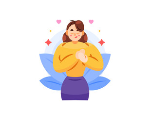 calm and peaceful concept. illustration of a woman feeling calm, serene, and peaceful. calm heart and mind. woman happy and feeling free. freedom. expression and gesture. flat style character design