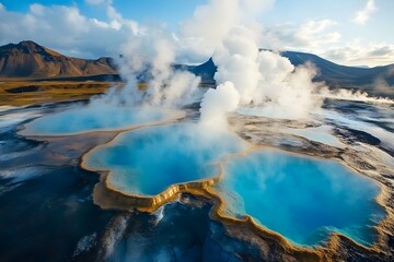 Obraz premium Aerial view of geothermal hot springs, with steam rising from the water and colorful mineral-painted rocks, creating an otherworldly landscape