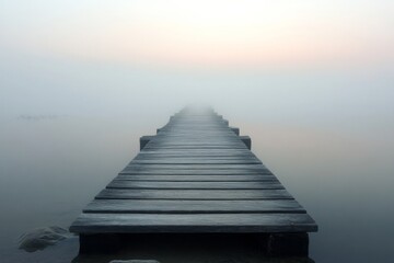 Obraz premium Wooden pier extending into misty lake during tranquil morning