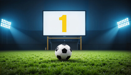 Soccer ball on grassy field with display screen in background, number one, Start of the Football Season