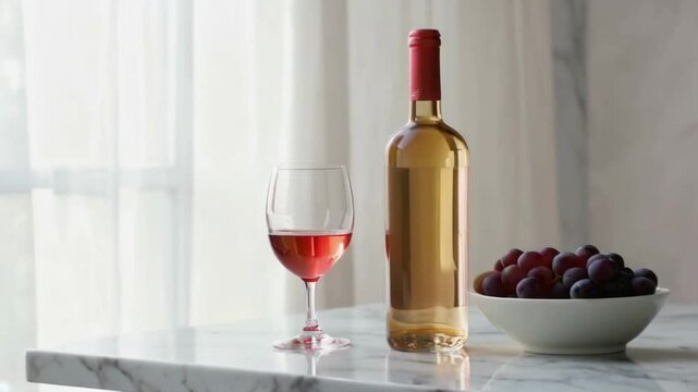 A bottle of wine and a wine glass are on a table. The wine glass is half full of red wine. There are also some grapes in a bowl on the table. Concept of relaxation and enjoyment