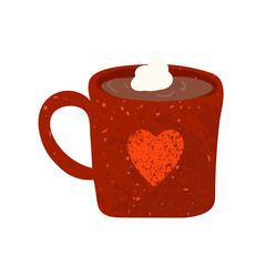 Vector Colorful Illustration of Cocoa in a Red Mug with a Heart Isolated on White Background