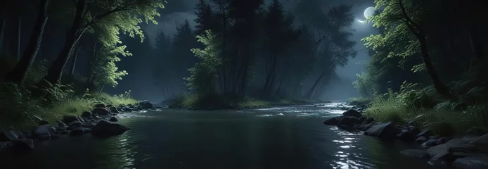 River flowing through a dense forest at night, calm atmosphere, dark sky, night
