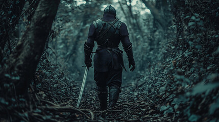 A knight in a foggy forest clearing, his silhouette casting a long shadow against the dim, ethereal light.