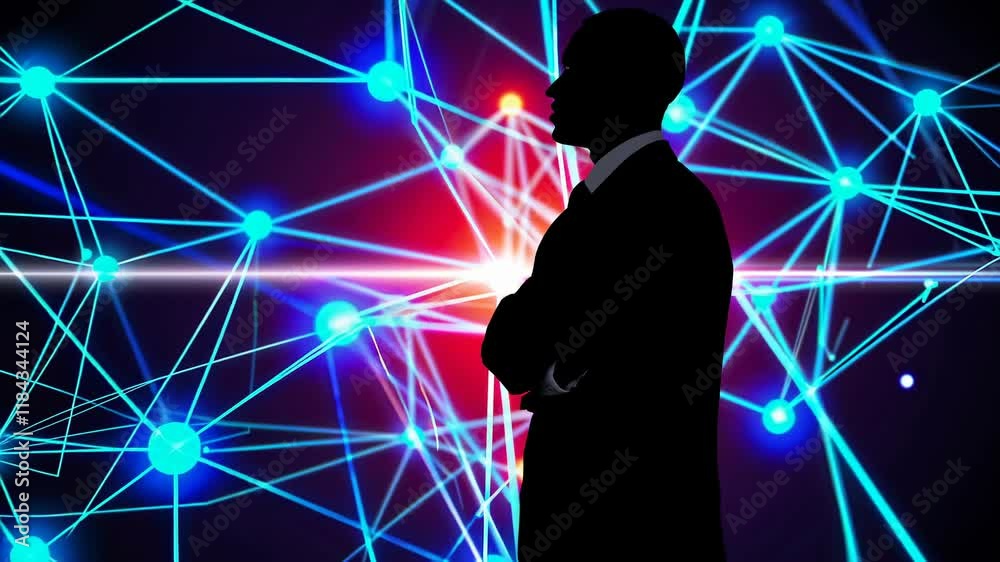 Poster business professional contemplating future trends in technology and connectivity at a networking eve