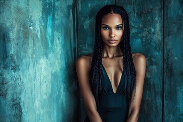 Fototapeta premium Long coiffure - braids hair. Lovely calm mixed-race girl - for ads, ad page and digital use. Commercial digital ads layout. Vibrant colored hair styles. Black woman style inspiration.