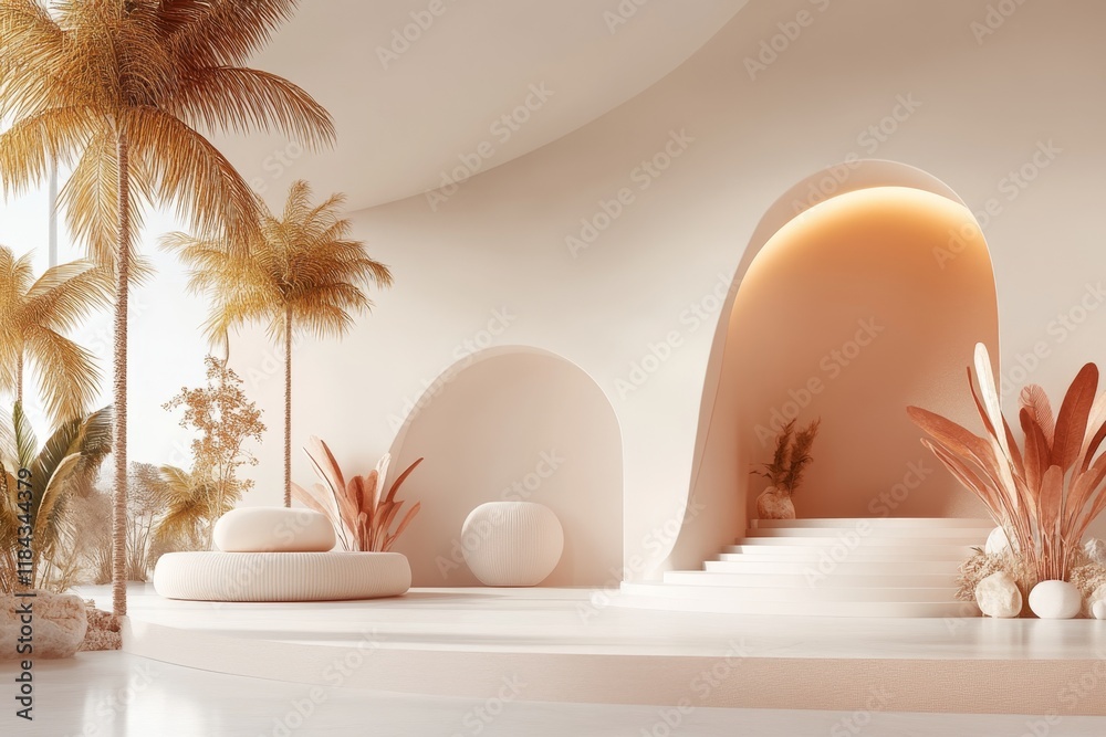 Poster a flat design of a thai ubosot naga staircase, using minimal details and a soft color palette