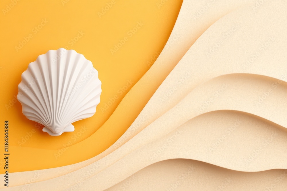 Poster a flat design of a single seashell on a sandy ocean floor, drawn with simple shapes and calming colo