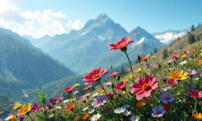 Vibrant alpine flowers swaying gently in the mountain breeze, natural scenery, wind-swept flowers