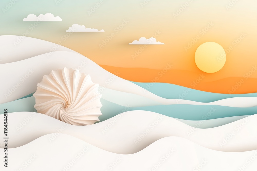 Poster a flat design of a single seashell on a sandy ocean floor, drawn with simple shapes and calming colo