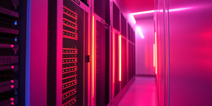 A futuristic data center hallway with vibrant neon lighting in pink, blue, and orange hues, emphasizing advanced technology and digital storage...