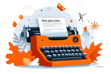 A flat-style 2D illustration of a vintage typewriter with a paper reading "Once upon a time," placed on a white background