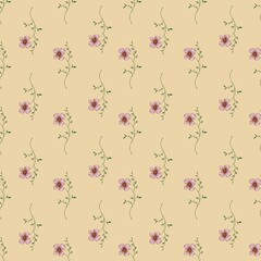 Fototapeta premium Seamless Pattern Pink Elegant Flowers Small Design on Pastel Yellow Background for Prints, Textiles, Packaging, Fabrics, and Wrapping Paper
