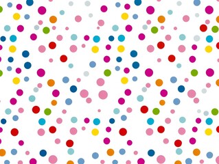 Bright and playful seamless pattern with colorful polka dots on white background