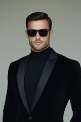 Fototapeta premium Stylish Gentleman in Black Suit and Turtleneck Wearing Sunglasses