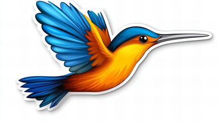 Obraz premium Vibrant hummingbird in flight, showcasing its bright blue and orange plumage against a white background.