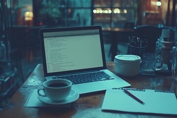 Laptop and notebook on a wooden desk symbolizing productivity and creativity