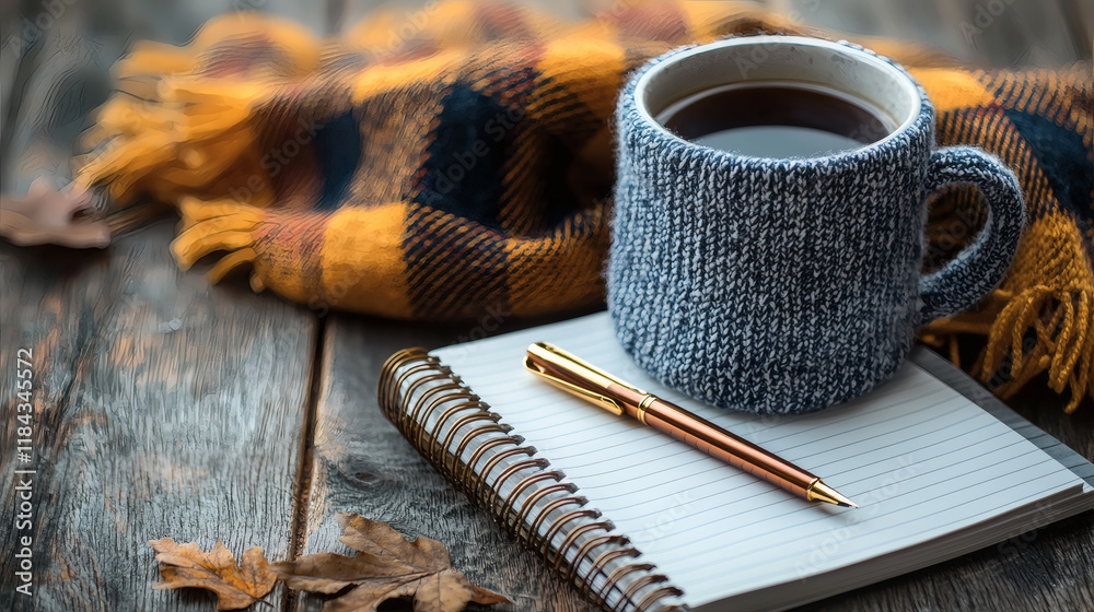 Poster A cozy corner setup with a notebook and pen dedicated to self-reflection Self-reflection Stock Photo with side copy space