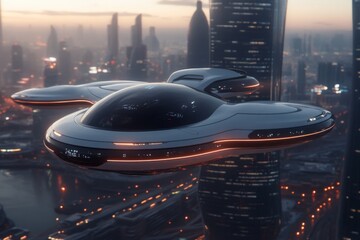 A futuristic cityscape of Dubai with hovering skyscrapers, flying cars, and advanced technology seamlessly integrated into everyday life
