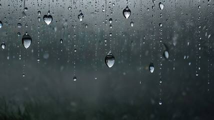  Raindrops stick to the window glass, creating a mesmerizing pattern on the blurred background.The gray background evokes a feeling of sadness, calmness and introspection