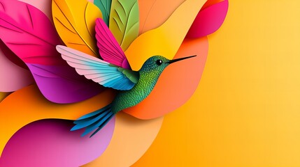 Obraz premium Vibrant hummingbird in flight amidst colorful paper art. A joyful, artistic depiction of nature.