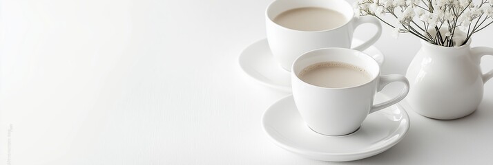 Two pristine white cups of warmth beside delicate flowers embody a moment of tranquility and comfort.