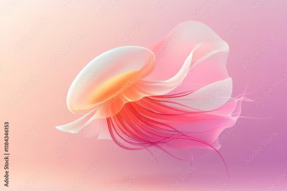 Poster a geometric depiction of a jellyfish with abstract tentacles, drawn in soft pastel colors on a minim