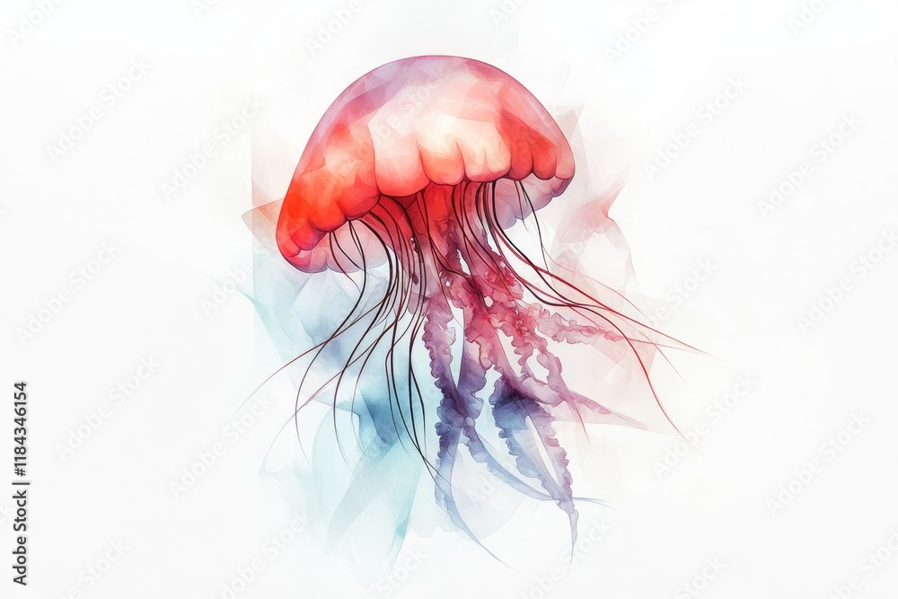 Poster a geometric depiction of a jellyfish with abstract tentacles, drawn in soft pastel colors on a minim