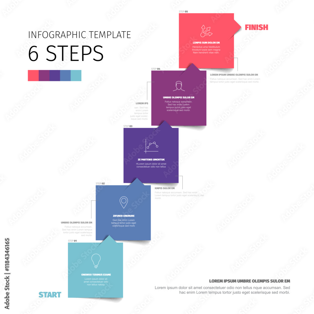 Poster a vibrant 6 step infographic template with colorful, labeled boxes illustrating a stepbystep process