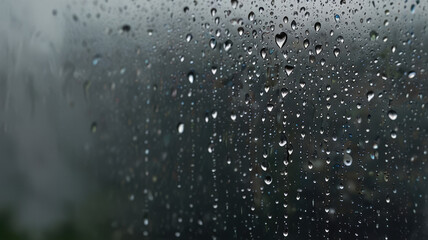  Raindrops stick to the window glass, creating a mesmerizing pattern on the blurred background.The gray background evokes a feeling of sadness, calmness and introspection