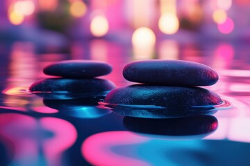 Serenity of smooth stones floating in a tranquil water setting at dusk