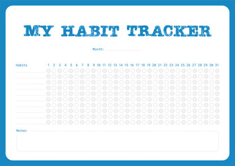 A monthly habit tracker template with spaces for habits, notes, and daily tracking. Ideal for organizing and maintaining personal habits over a 31-day period efficiently.