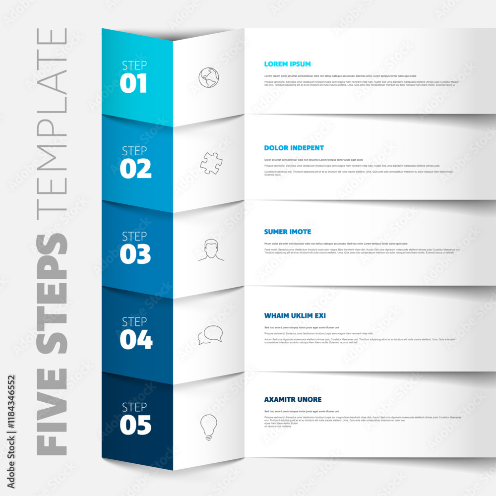 Poster five steps progress process infographic layout template with big numbers icons text content and pape