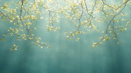 Sunlit branches with fresh green leaves against a misty teal background.