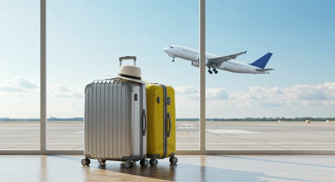 Travel Essentials Displayed in a Bright Airport Lounge with Airplane Taking Off in the Distance