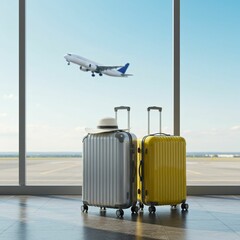 Travel Essentials Displayed in a Bright Airport Lounge with Airplane Taking Off in the Distance