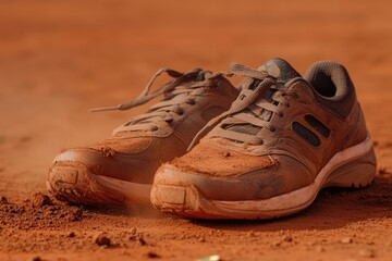 Naklejka premium tennis shoes covered in red clay dust.