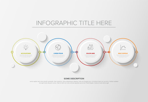 A clean infographic with four connected circles featuring icons and text. The design uses minimalist elements and vibrant colors to highlight accounting, statistics, and strategy.