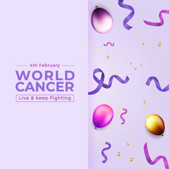 National Cancer Awareness Day design template featuring a purple ribbon and balloons.