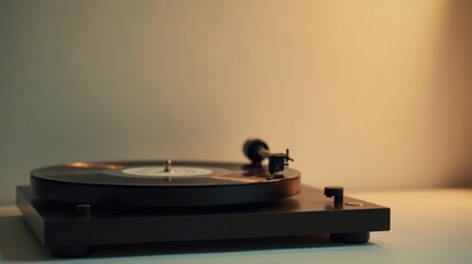 Close-up of a vintage turntable playing a vinyl record in warm light