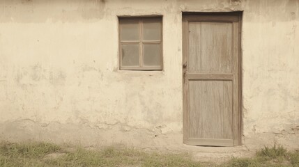 Naklejka premium Weathered wooden door and small window on old stucco wall.