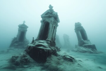 A gothic-style depiction of an underwater graveyard, with sunken statues and ghostly figures floating in the deep