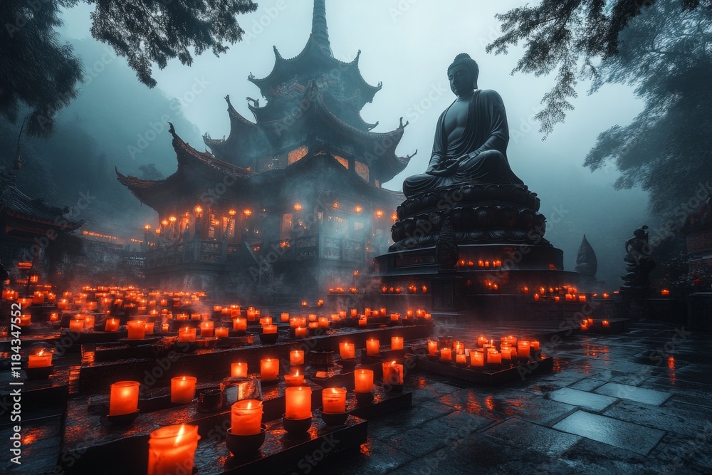 Poster a gothic-style ubosot surrounded by dark mist, with glowing red candles and a shadowy buddha statue 