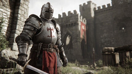 Fototapeta premium A knight in full armor stands on a mountain peak, watching the sunrise. The light slowly fills the valley below, casting long shadows across the rocky terrain.