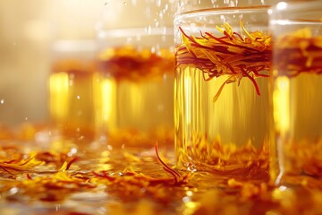 Golden honey in a glass jar with sunlight streaming through