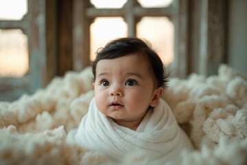 Portrait of a cute infant swaddled in white, with wide eyes and dark hair, against a blurred wooden structure and window